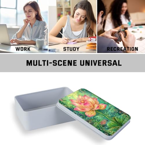 Image of Metal Tin Box with Lid,Multi-functional Storage Box Can Store Tea Biscuits Game Cards, Playing & Tarot Cards-Comes with 4 Magnetic Cord Clips,Lotus Flower Art