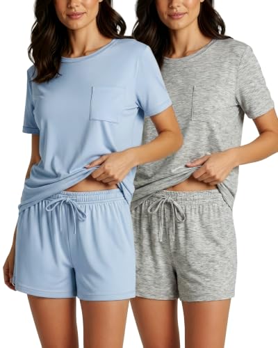 Image of Real Essentials 2 Pack: Women's Short Sleeve Pajama Short Set - Comfy Lightweight Soft Lounge Sleepwear (Plus