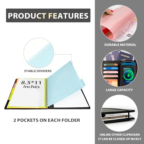 Clipboard with Storage for Men Women, Leather Padfolio Portfolio Organizer 5 Folders with 10 Pockets, Spiral Clipboard Folio with Notepad for Letter Size, Elastic Closure and Pen Loop Black
