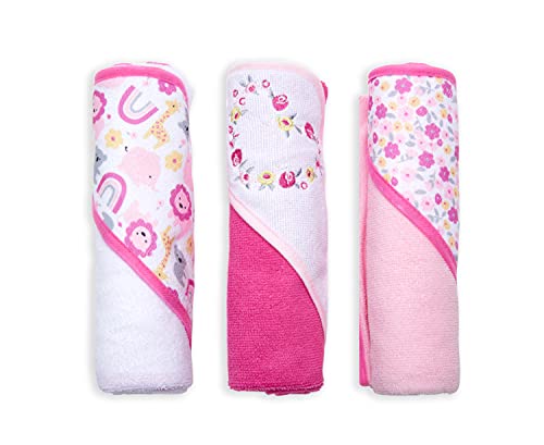 Image of Buttons & Stitches Girl's 3-Pack Pink Safari Floral Hooded Baby Towels, 26x30 Inches