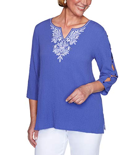 Alfred Dunner Women's Costa Rica Embroidered Yoke Bubble Gauze Top (Medium, Violet)