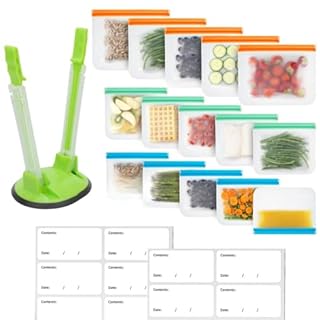 MHSEcoFriendly® Meal Prep Storage Kit – 15 Reusable, Degradable Leakproof Freezer Bags, Baggy Rack & 20 Strong Labels | BPA-Free, Multipurpose Food Storage Solution