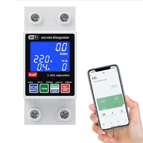 DeWin Compteur Intelligent d'énergie, Tuya WiFi commutateur de Mesure Intelligent sans Fil Disjoncteur de Protection 2P AC230V 63A écran rétroéclairé