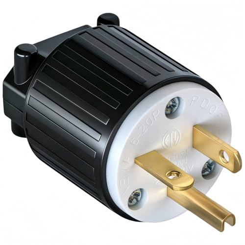 Nema 6-20P 20A 250V Plug T-Blade 250Volt Industrial 20A Plug Easy Assembly 20Amp 250 Volt USA Canada 3-Prong Male Straight Blade Connector ETL Certified (1 Black / White)