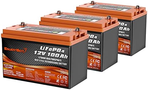 Enjoybot LiFePO4 Battery 12V 100AH Lithium Battery, Built-in 100A BMS Low Temperature Cut Off Lithium Iron Phosphate Battery Perfect for RV, Solar, Marine, Camping, Home Energy Storage(3 Pack)