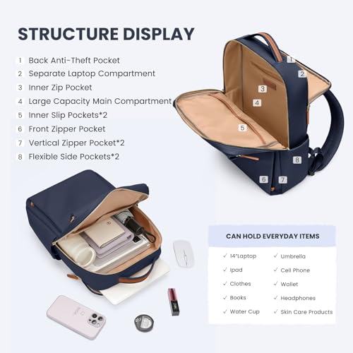 GOLF QUALITY Plecak damski, plecak z kieszenią na laptopa, męski, wodoszczelny, plecak szkolny, elegancki plecak na co dzień, plecak na co dzień, 30 cm, granatowy