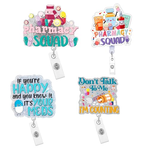 4PCS Pharmacy Badge Reel,Medical Badge Reel Holder Funny Pharmacy Technician Gifts,Nursing Pharmacist Badge Holder with ID Clip for Doctors Nurses RN Medical Assistant Work