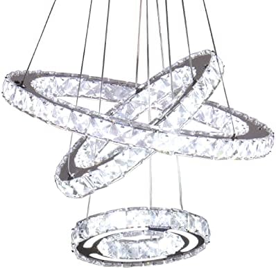 CXGLEAMING LED Chandeliers Modern Ceiling Light Fixture 3 Rings Adjustable Crystal Chandelier Light Fixture Ceiling Hanging Pendant Light for Living Room Dining Bedrooms Hall
