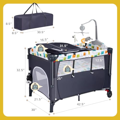 PEARLOVE 5 in 1 Baby Bassinet, Bedside Bassinet for Baby, Pack and Play with Changing Table, Portable Crib with Mattress, Music Box, Carry Bag for Newborn to Toddles - Thumbnail 6