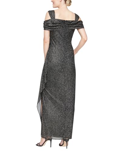 Image of Alex Evenings Women's Long Cold Shoulder Dress, Mother of The Bride, Formal Events, Black /Gold Glitter, 10 Petite