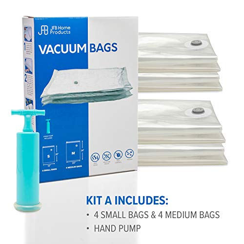 JFB Home - Vacuum Compression Bags for Travel - Triple Your Packing or Storage Space with Leakproof Space Saver Bags - Includes 4 Small 4 Medium Bags Plus Hand Pump Kit A