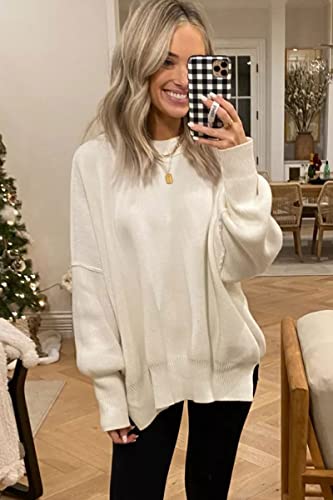 Lillusory Womens Oversized Pullover Tunic Sweaters Trendy 2022 Fall Crewneck Batwing Ribbed Knit Side Slit Top White #TOP1