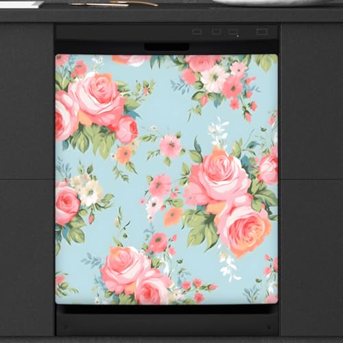 Copertura magnetica per lavastoviglie, decorazione per porta d'ingresso, motivo floreale rosa, per frigorifero, per elettrodomestici da cucina, 58,4 x 66 cm