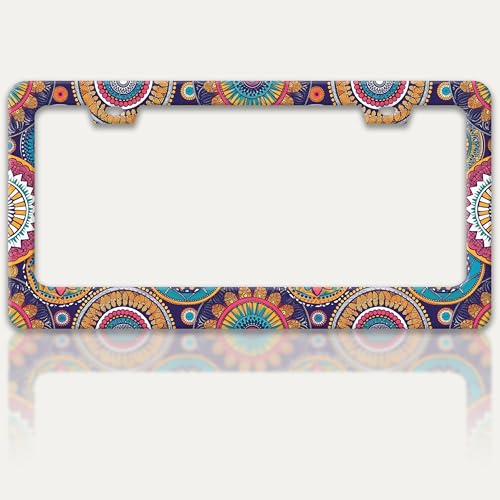 Mandala Flowers License Plate Frame Floral Print License Plate Holders Funny Stainless Steel Auto...
