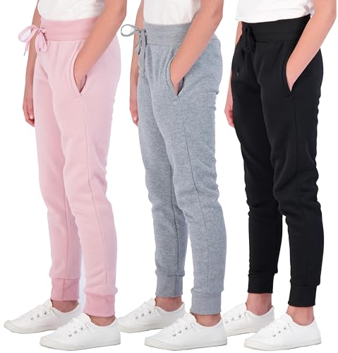 Real Essentials 3 Pack: Girls' Fleece Joggers Soft Active Performance Casual Sweatpants(Ages 7-16)
