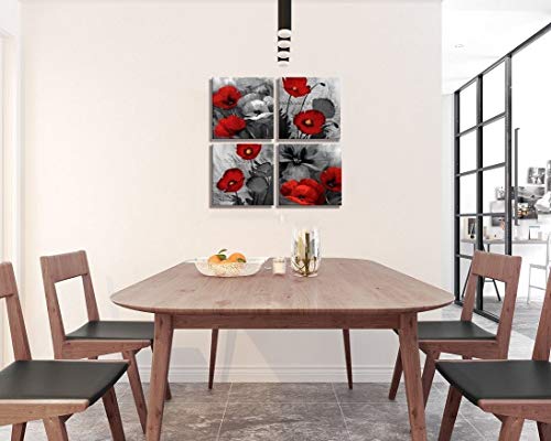 Lky Art Red Wall Art Elegant Poppy Red Flower Wall Art Plant Abstract Art Poppy Canvas Wall Art Painting Picture For Living Room Wall Decor Wood Frame Stretched Easy To Hang 4 Panel 12X12X4 #TOP2