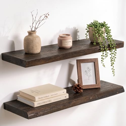 Image of Live Edge Elm Floating Shelves - 24 In Rustic Solid Wood Shelves with Heavy-Duty Invisible Bracket, Wall-Mounted Wooden Shelf for Living Room, Bathroom, Kitchen Storage & Display, Set of 2, Walnut