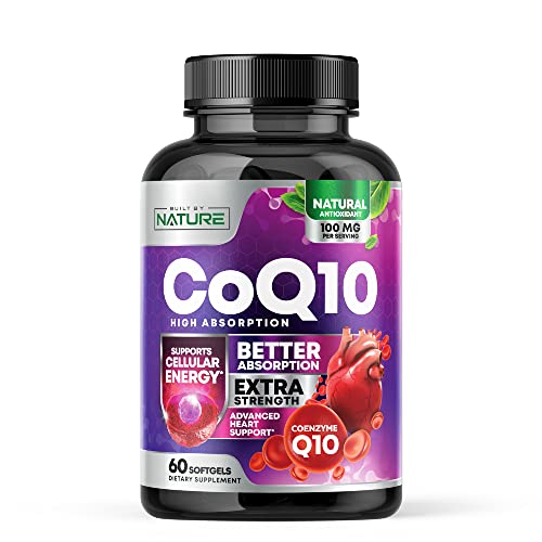 Built By Nature Coq10 Supplement For Heart Health Support & Cellular Energy Production - Gluten Free Vegan & Non-Gmo Antioxidant With Max Absorption Coenzyme Q10 100 Mg Supplements - 60 Softgels #TOP25