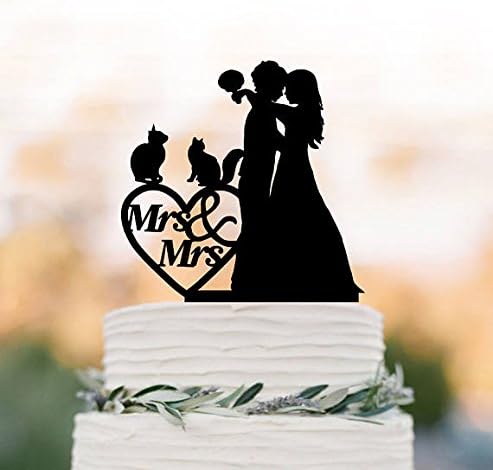 Lesbian Wedding Cake Topper with Two Cats Mrs and Mrs, Same Sex Unique Wedding Cake Topper Funny, Brides Silhouette