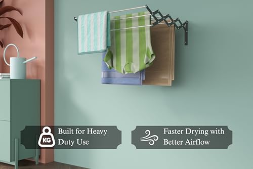 Image of UNOBRIGHT Foldable Wall Mounted Clothes Drying Stand | Heavy Duty Rust Free Stainless Steel Multi Rod Laundry Rack | 2 Feet, 9 Rods | Space Saving for Balcony, Bathroom & Laundry Room