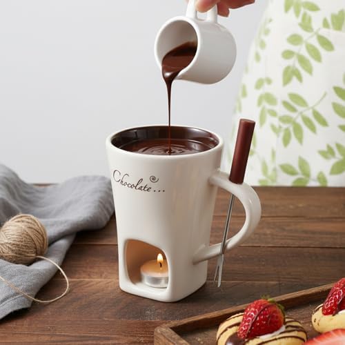 2 Pcs Chocolate Fondue Mug with Fork and Candle Sweet Ceramic Personal Chocolate Melting Cup Chocolate Fondue Mug Ideal Gifts for Date Night Birthday Wedding Gifts (White) - 3