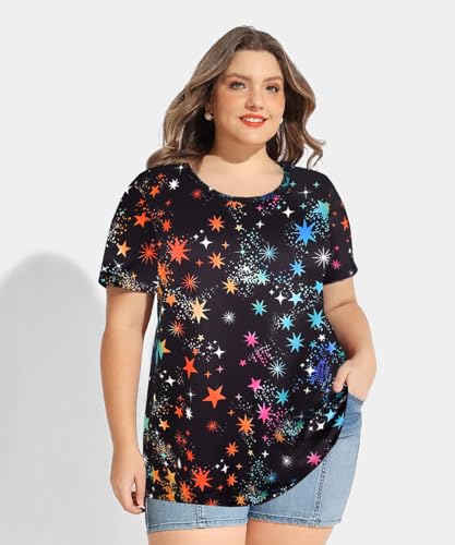 Image of CARCOS Plus Size Tops for Women Short Sleeve Shirt Summer Star /Leopard /Tie Dye /Flower Crewneck Pullover Tunic XL-5XL