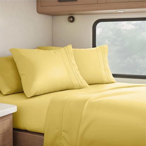 Image of Nestl Custard Yellow Short Queen Sheets for RV, Hotel Luxury RV Queen Sheets Set, 4 Piece Fitted Bed Sheet Set and Pillowcases, Super Soft, Wrinkle-Free, and Breathable Camper Bedding