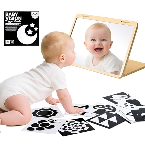 Brezlio Tummy Time Mirror for Baby Montessori Baby Floor Mirror with High Contrast Black and White Cards Infant Safe Mirror Toy for Newborn