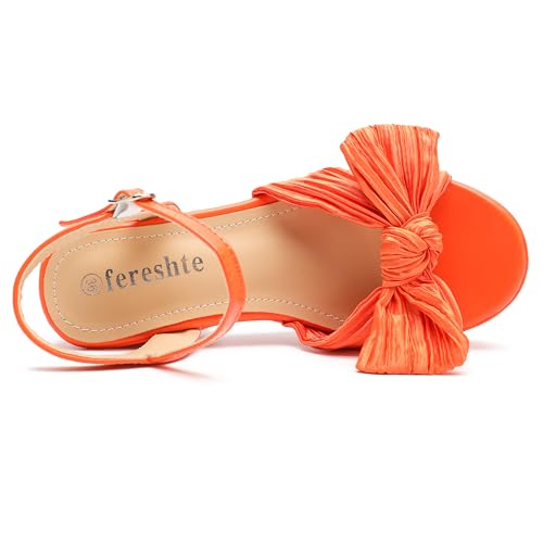 fereshte Women's Pleated Bow Knot Chunky Block Heels Platform High Heel Open Toe Ankle Strap Sandals4