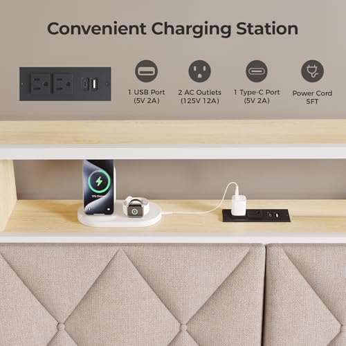 Salamir Queen Headboard Only, Headboard for Queen Size Bed with Storage, Upholstered Headboards with LED Lights & Charging Station, Attach Frame, Ideal for Bedroom/Dorm/Guest Room, White & Beige by Salamir - Image 3