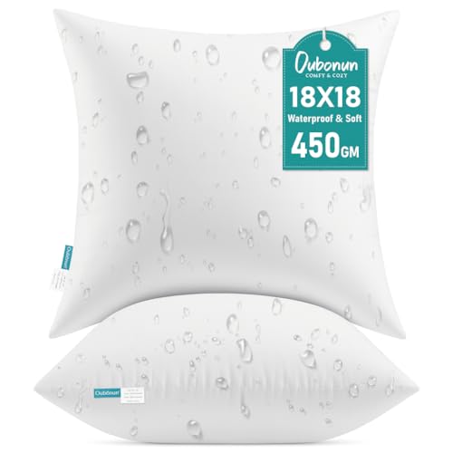 Oubonun 18x18 Waterproof Outdoor Pillow Inserts – Set of 2 Soft & Fluffy, Water Resistant Throw Pillows for Patio, Garden, Porch, or Indoor Decorative