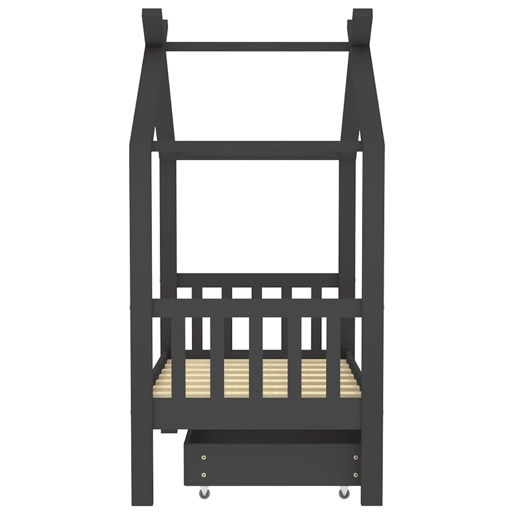 Cuna con cajón de madera maciza de pino gris oscuro, 70 x 140 cm, con somier, ruedas y peldaños para habitación infantil, recién nacido, cama junior, altura regulable, convertible