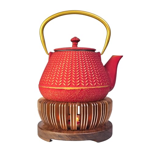 Tea Set with 33.8oz Small Cast Iron Tea Pot and 5.9" Teapot Warmer, YJX Aluminum Alloy Tea Warmer for Tea Kettle, Candle Heater for Heating Tea, Coffee and Milk