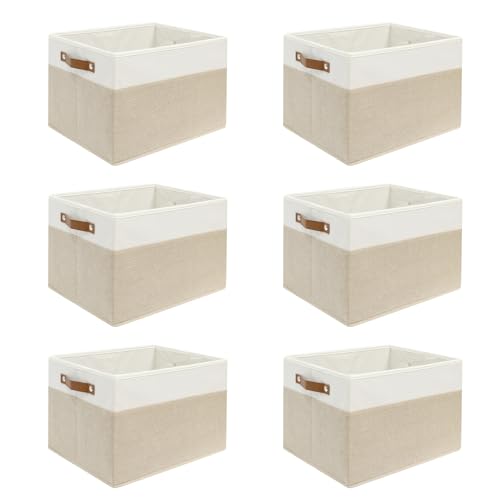 XYLFJCT 6 Pack Large Fabric Storage Baskets with Handles (White with Beige,15' L*13' W*13' H)