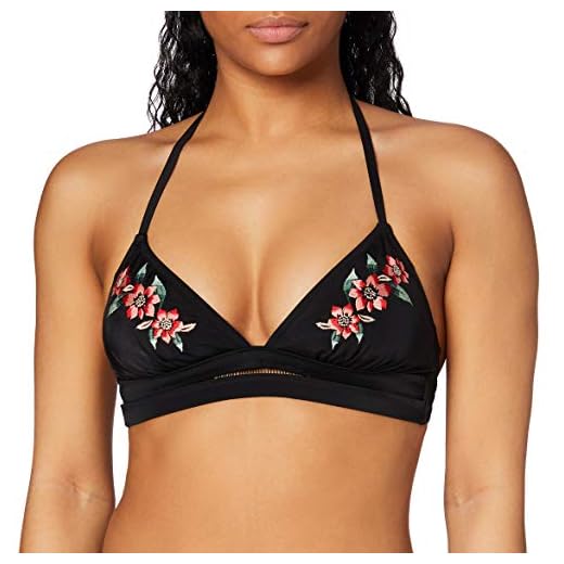 Marchio Amazon - Iris & Lilly Reggiseno Bikini a Triangolo con Ricami Floreali Donna, Nero, S, Label: S