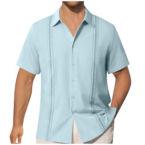 Mens Short Sleeve Dress Shirt Wrinkle Free Pleated Button Down Formal Shirts Summer Business Wedding Beach Blouses