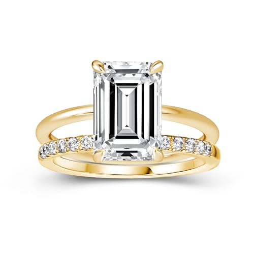 3.5ct Elongated Emerald Cut Wedding Ring Set,Solitaire Engagement Ring with Half Eternity Wedding Band,925 Silver Bridal Ring Set