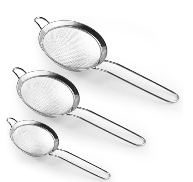 RSK Goods Stainless Steel Fine Wire Mesh Strainer – Heavy Duty Sieve with Handle – Ideal for Tea, Pasta, Flour, Oil & More –Colander, Sifters- Rustproof, Dishwasher Safe (6cm+8cm+14cm)