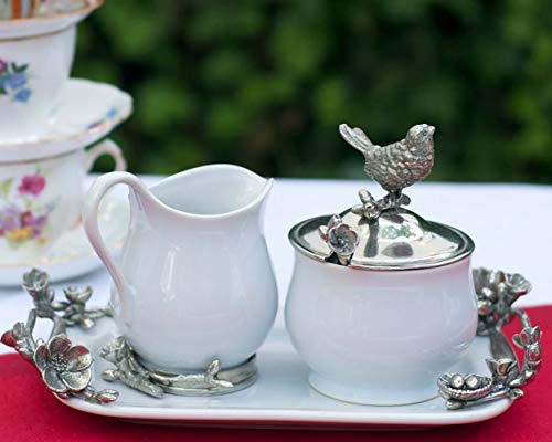 Vagabond House Stoneware Creamer Set - Pewter Song Bird 5 Pieces Creamer Pitcher, Lidded Sugar Bowl, Decorative Handle Sugar Spoon Tray For Coffee And Tea 12.25 Inch Long Tray #TOP7
