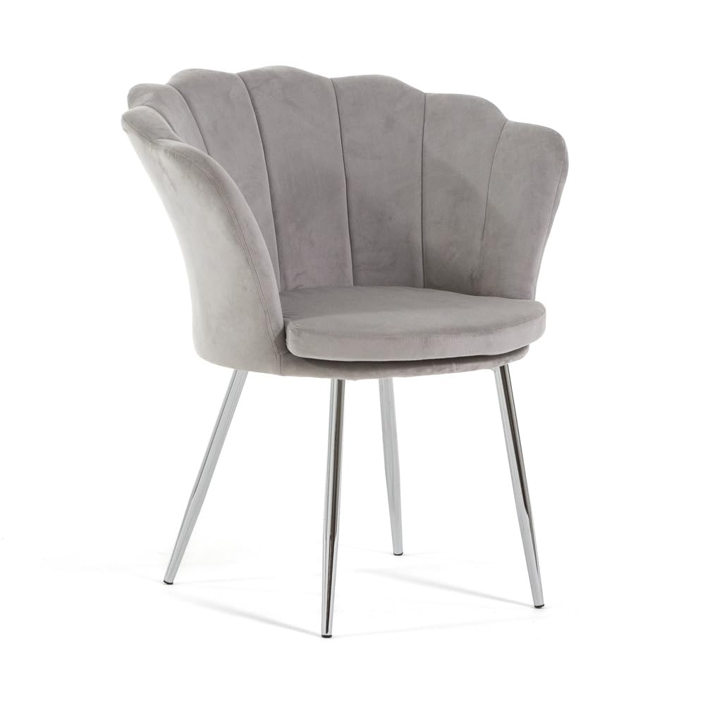 Poltroncina imbottita con schienale a conchiglia in velluto con gambe cromate e cuscino, poltrona da salotto, camera da letto e sala da pranzo Shelly (Gambe Argento, Velluto Grigio Chiaro)