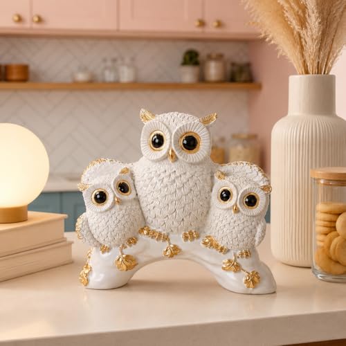 Image of Amazon Basics Charming Owl Family Figurine for Home & Office Decor | Artistic Ceramic Owl Showpiece for Living Room, Shelf, Study Table & Entrance Styling (White & Gold)