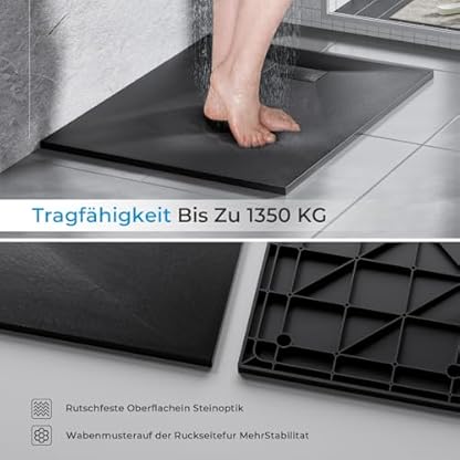 Heilmetz® Duschwanne 80x80cm Flach Duschtasse Höhe 2.6 cm Brausewanne Steinoptik Antirutsch SMC Duschtasse, Ø 90mm Ablauföffnung -Schwarz (ohne Siphon) – Bild 6
