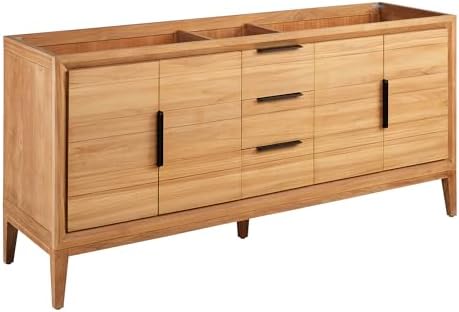 Signature Hardware 950706-72-RUMB Aliso 72" Freestanding Teak Double Basin Vanity Set with Cabinet, Vanity Top, and Rectangular Undermount Sinks - 8" Widespread Faucet Holes - Natural Teak/Carbon