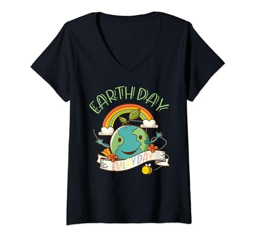 Donna Pretty Earth Day Every Day Rainbow with Trees Earth Day Maglietta con Collo a V