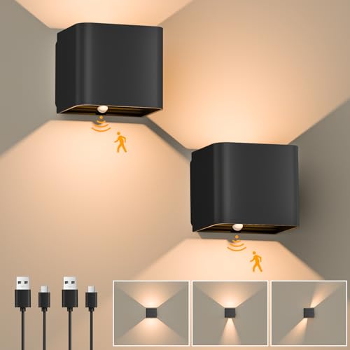 GuKKK Wandlampe Innen mit Bewegungsmelder, 2 Stück Akku Wandleuchte, 3000K Warmweiß LED Wandbeleuchtung, Innen Kabellose Wandlampe mit Schalter, Einstellbar Abstrahlwinkel Wandbeleuchtung, für Treppe