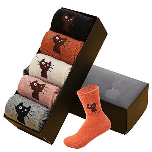 Women Crew Socks Vintage Winter Warm Casual Colorful Funny Knit Sock for Girls 5 Pairs,Gift Idea (Cat)