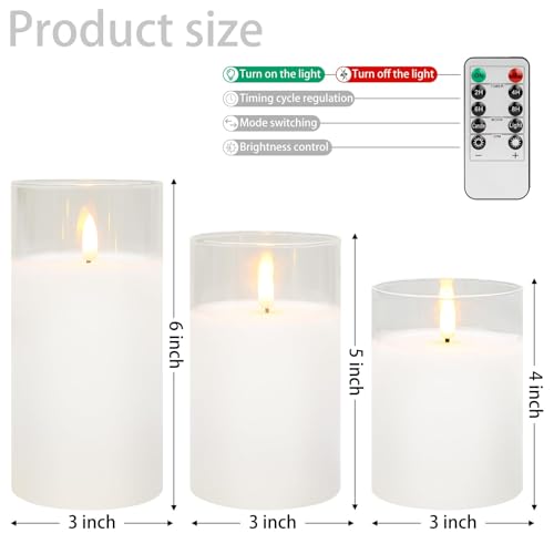 Image of Clear Glass 3-Pack Flameless LED Pillar Candles with Remote | White Wax Battery Operated LED Pillar Candle with Timer Adjusting Brightness Lighting Modesfor Party Wedding Home Decoration