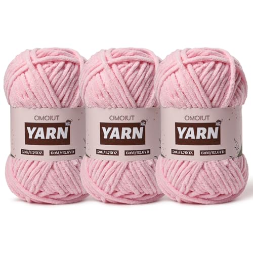 Image of 3 Packs Plush Chenille Chunky Crochet Yarn - Baby Yarn for Crocheting Soft - Velvet Yarns Knitting for Blankets Crafts - Fluffy Amigurumi Yarns 150g / 196.8yds (3 Pink)