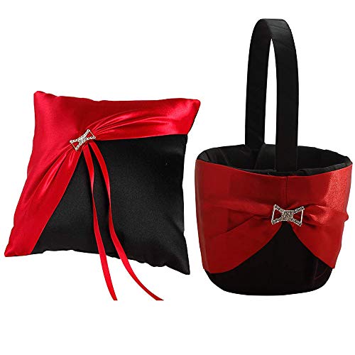 2Pcs/Set Black and Red Wedding Decoration Accessories Satin Wedding Ring Pillow+ Flower Girls Basket Set for Bride Bridegroom Wedding Party Supplies (Pattern A)