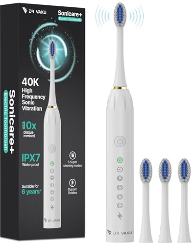 Image of DR VAKU Sonicare+ Electric Toothbrush for Men Woman Adults sonic with 6 Modes, 4 Brush Heads, 60-Day Battery Backup, Rechargeable & IPX7 Waterproof Automatic Power Best Electrical Tooth Brush- White